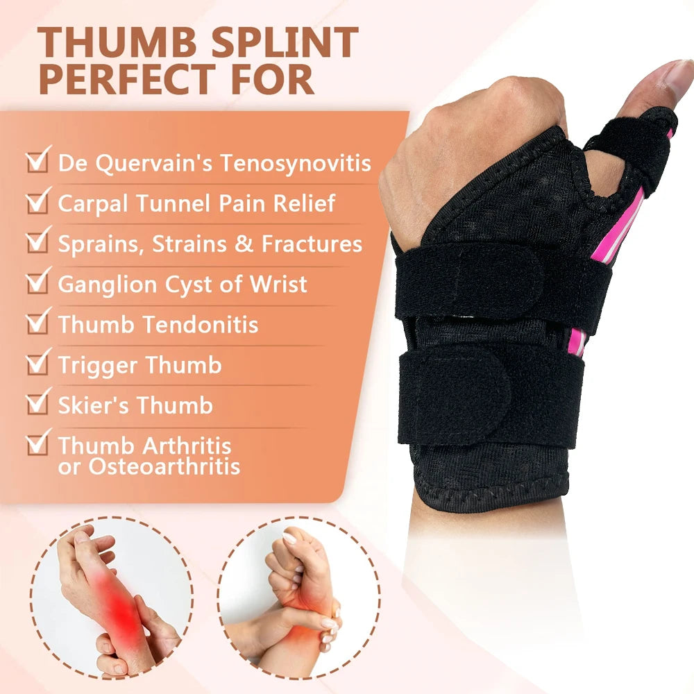 Splint de pouce noir réglable porté sur une main, montrant diverses conditions pour lesquelles il est adapté.