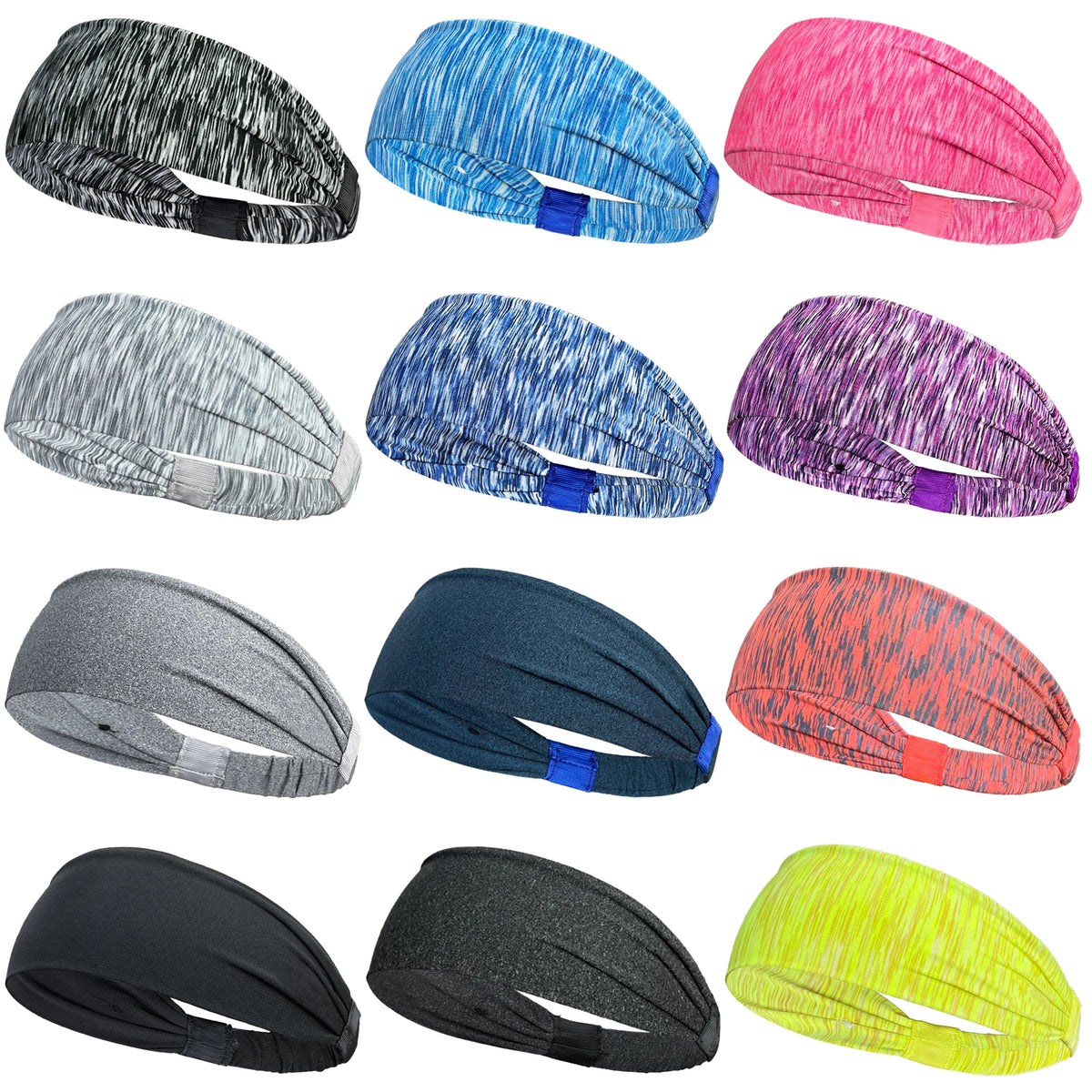 Collection de bandeaux élastiques sport multi-usages dans diverses couleurs : bleu, rose, violet, gris et noir.
