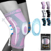 A pink and gray knee brace is shown on a leg, with various sizes of the brace displayed separately.