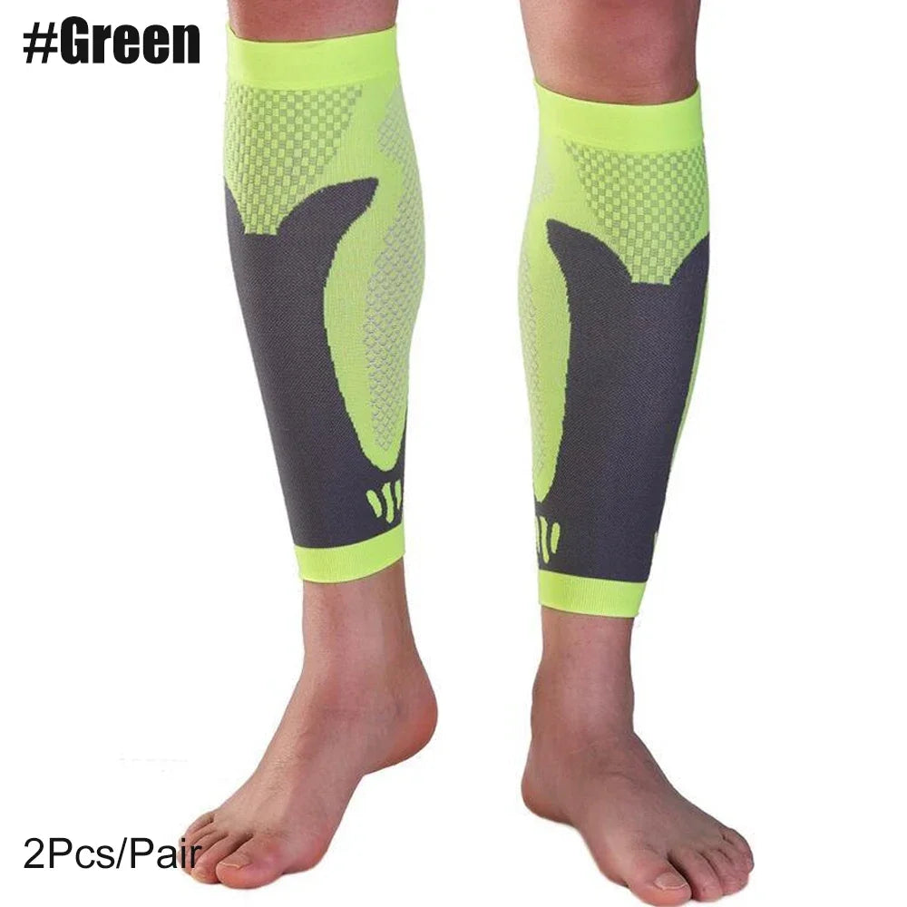 A pair of neon green calf compression sleeves worn on a person's lower leg.