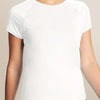 A white women's quick dry moisture-wicking gym t-shirt worn by a model.