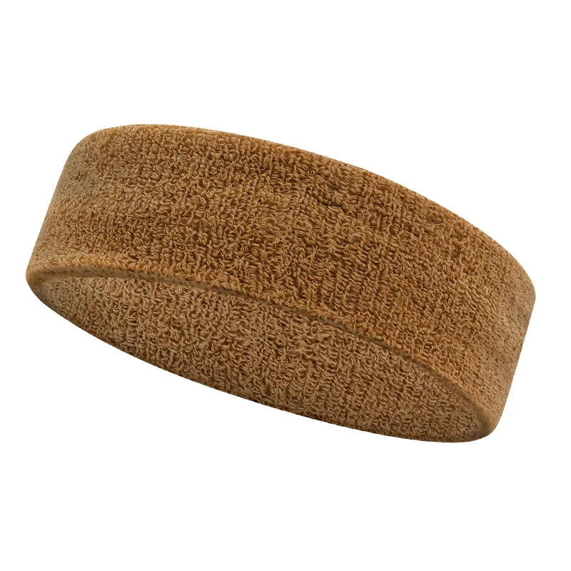 A brown, textured moisture-wicking athletic headband shown from the side.