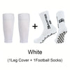 A set of white knee covers and football socks shown with a plus sign.