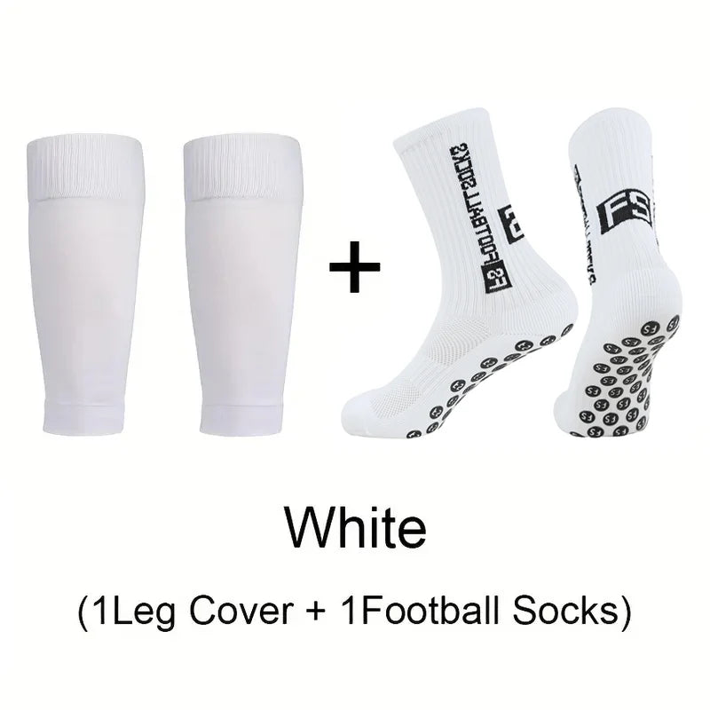 A set of white knee covers and football socks shown with a plus sign.