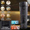 A black electric shaker bottle with an LCD display and 3 adjustable levels, shown next to various powdered supplements.