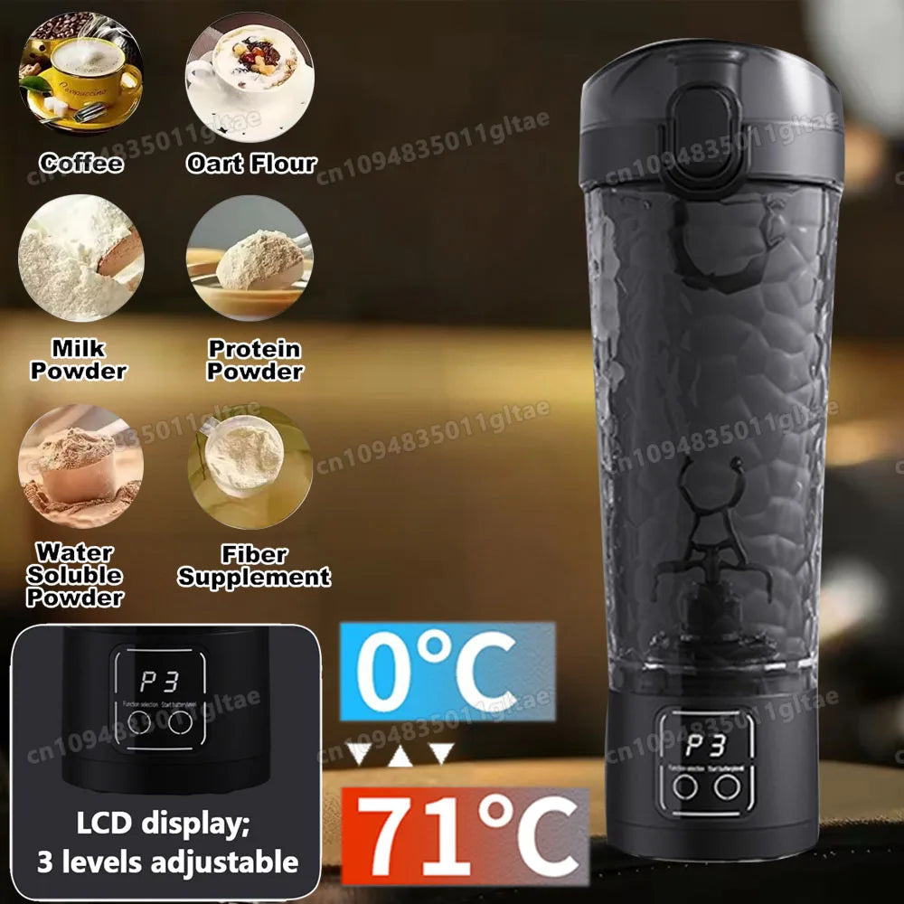 A black electric shaker bottle with an LCD display and 3 adjustable levels, shown next to various powdered supplements.