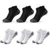 A set of black and white athletic running socks for men and women displayed in various styles.