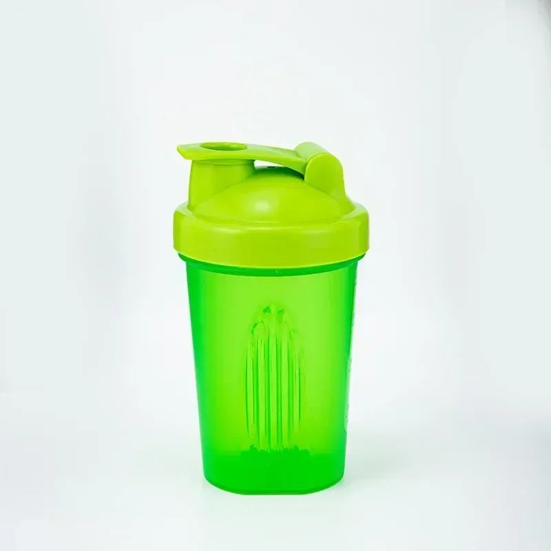 A bright lime green leakproof protein shaker bottle with a hinged lid, shown against a white background.