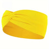 Yellow knitted elastic sports headband tied in a knot, shown from the side.