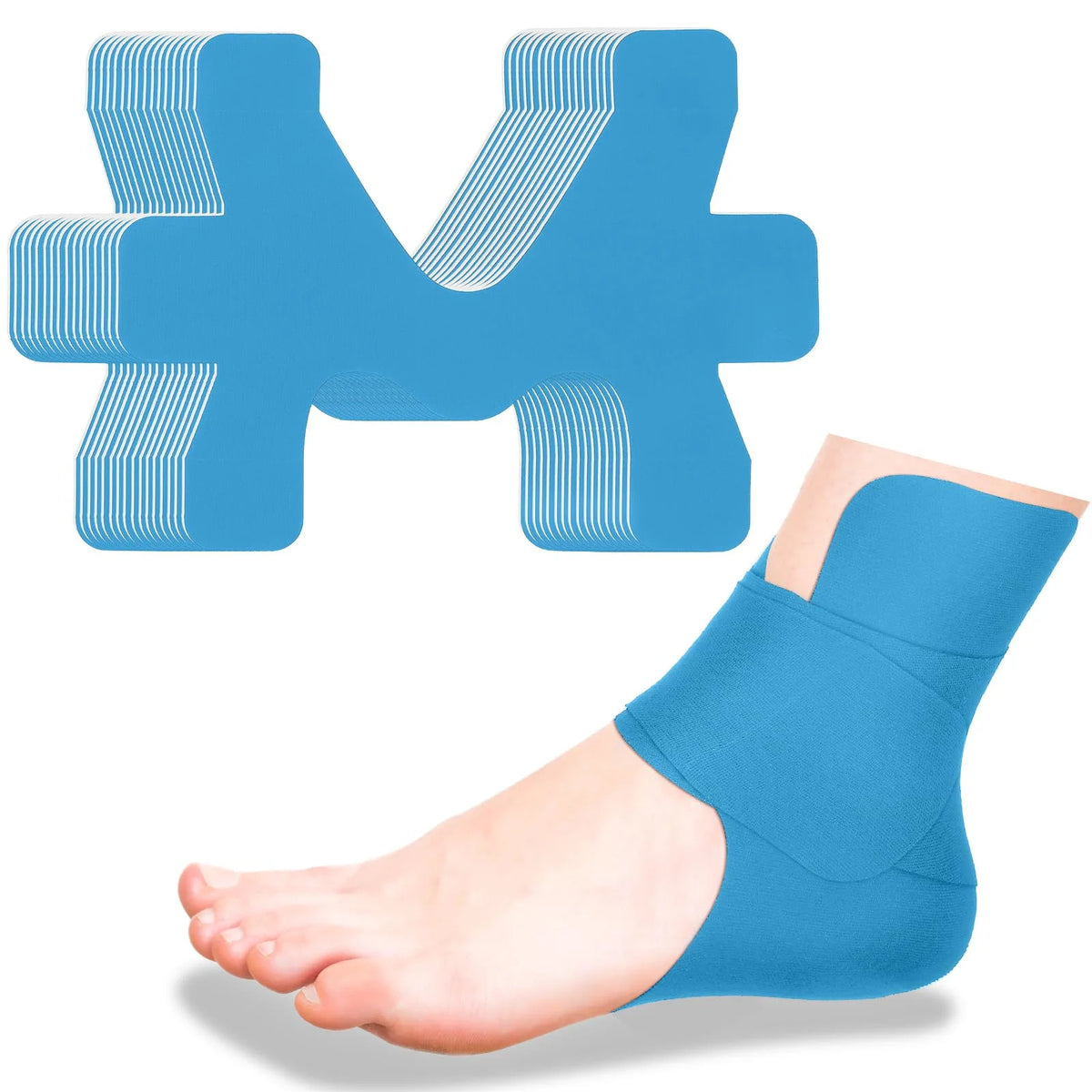 Un ruban élastique bleu de sport est enroulé autour de la cheville pour le soutien des articulations.
