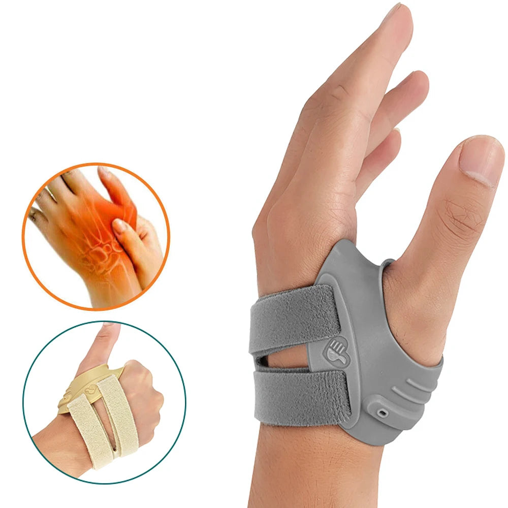 Graue Daumenfugenstabilisatorbandage auf der Hand, mit Darstellungen der Anwendung.
