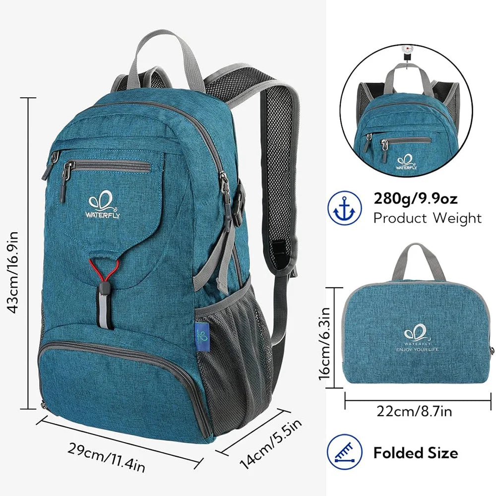 A teal waterproof travel backpack shown in full view, alongside its folded size and weight specifications.