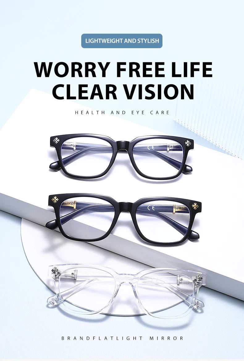 A set of black and clear framed eyeglasses for worry free life clear vision.