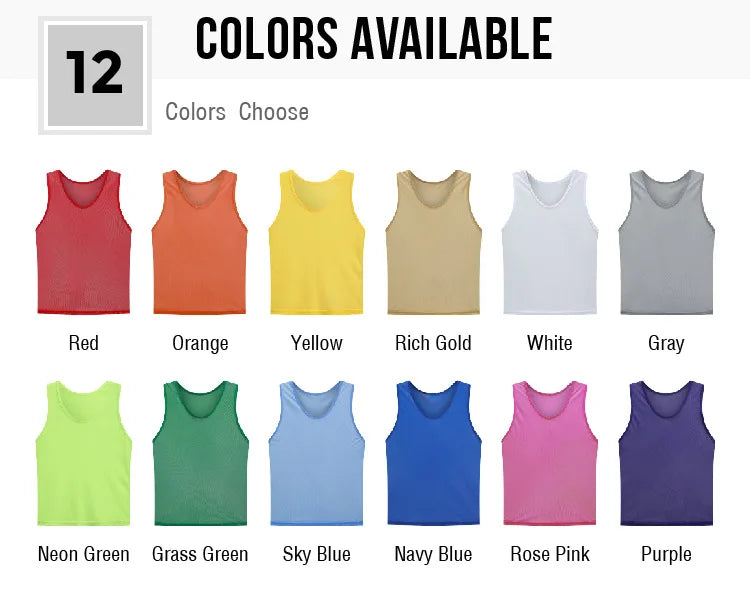 A grid showing twelve colors of breathable mesh soccer training vests including red, orange, yellow, gold, white, gray, neon 