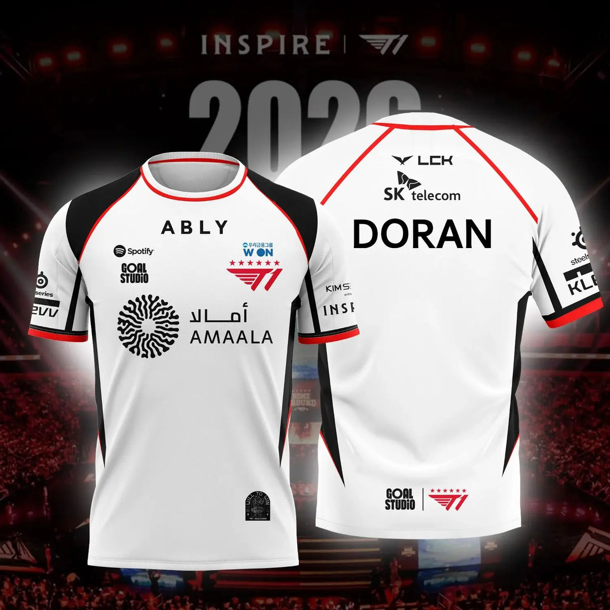 A white esports team jersey with black accents featuring the name DORAN and sponsor logos.