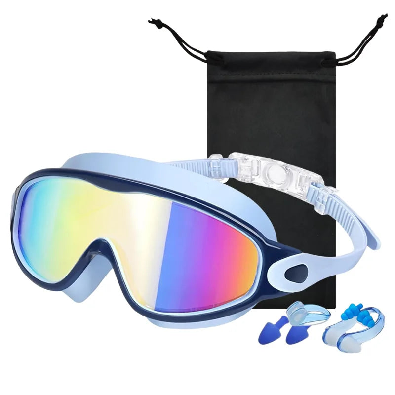 A pair of light blue swim goggles with clear lenses and a black carrying pouch are shown.