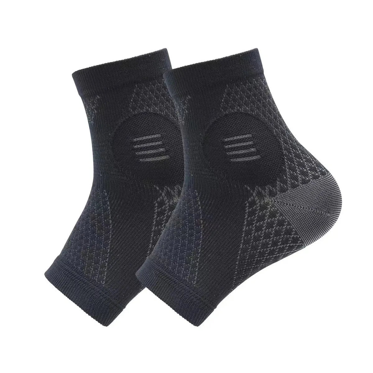 A pair of black ergonomic plantar fasciitis relief socks shown from the side.