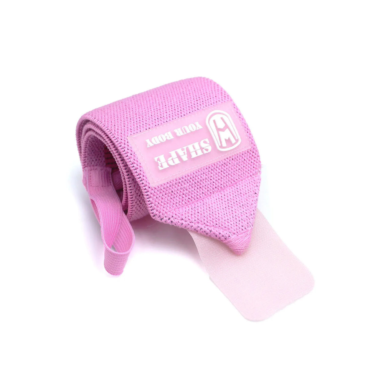 A pink, elastic wrist guard bandage is shown on a white background.
