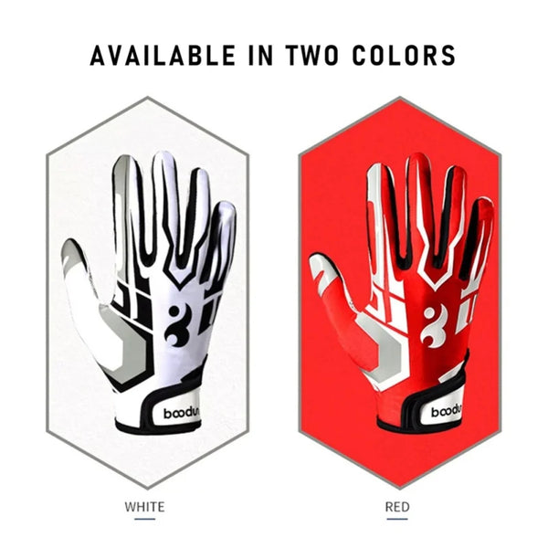 Rugby style anti-slip sport gloves available in white and red colors