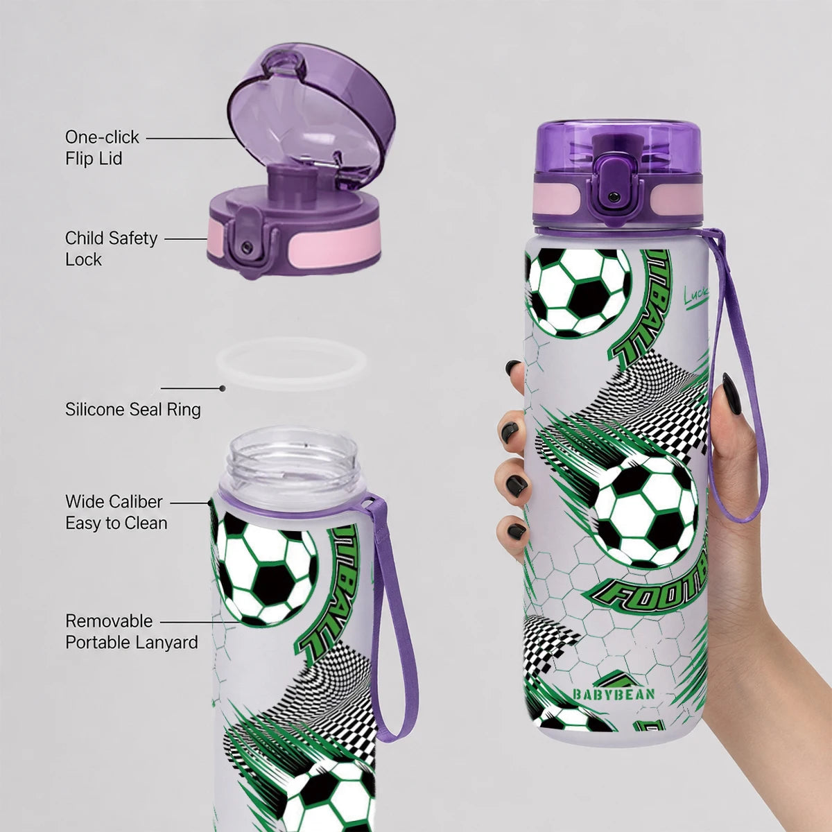 A purple and white water bottle with a football pattern, featuring a flip lid and silicone seal ring.