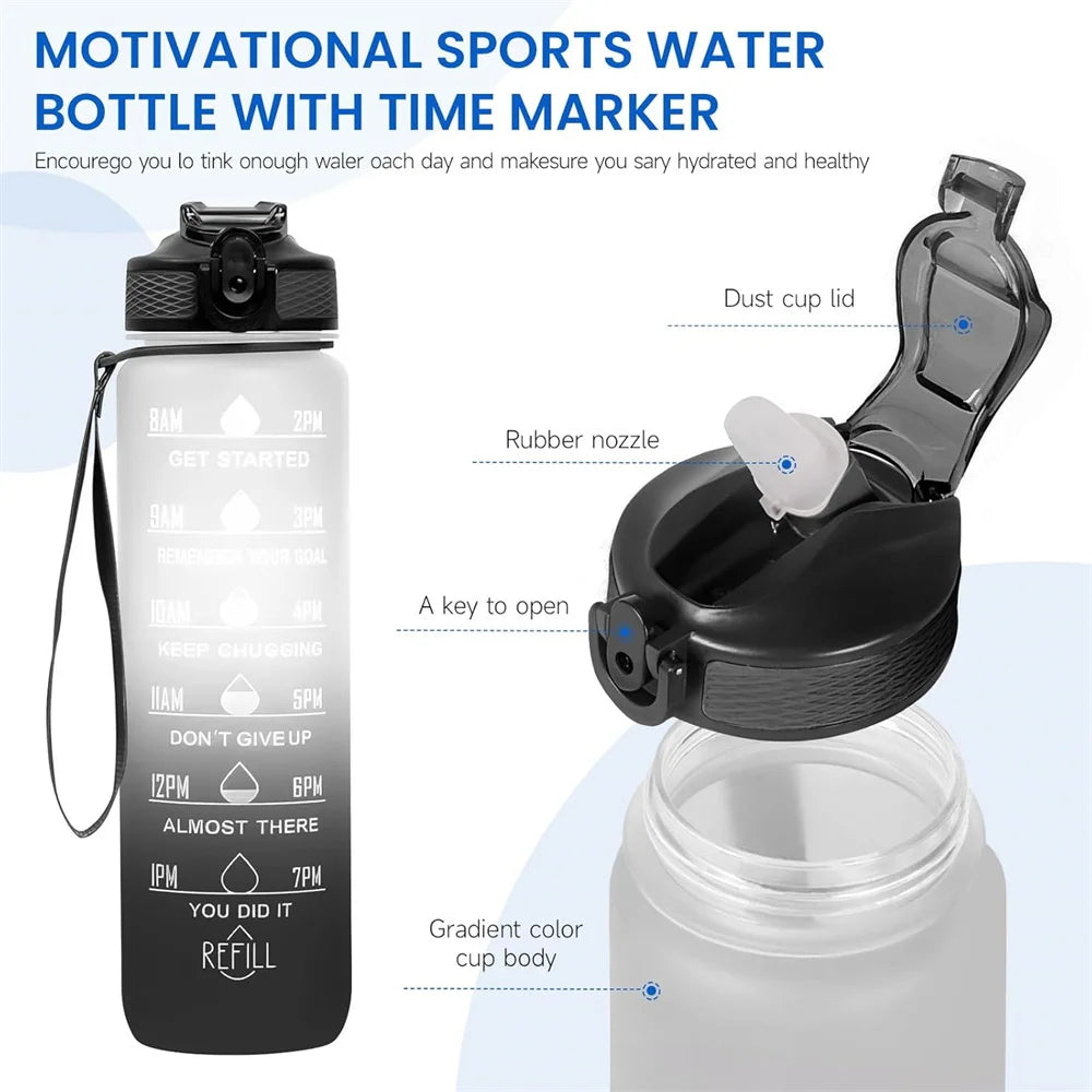 A black insulated sports water bottle with a time marker and rubber nozzle, shown next to its lid.