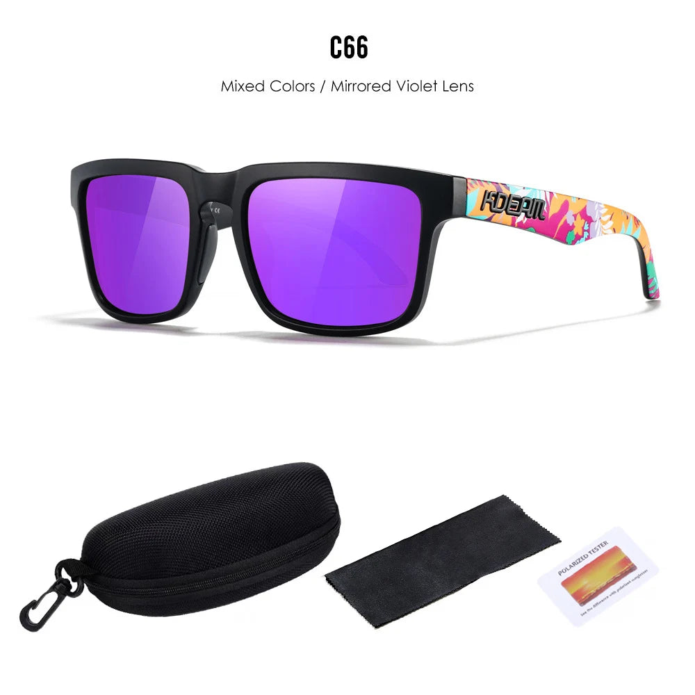 Eine schwarze Sonnenbrille mit violetten, spiegelnden Linsen und einem farbenfrohen, gemusterten Rahmen, neben einem Polarisa