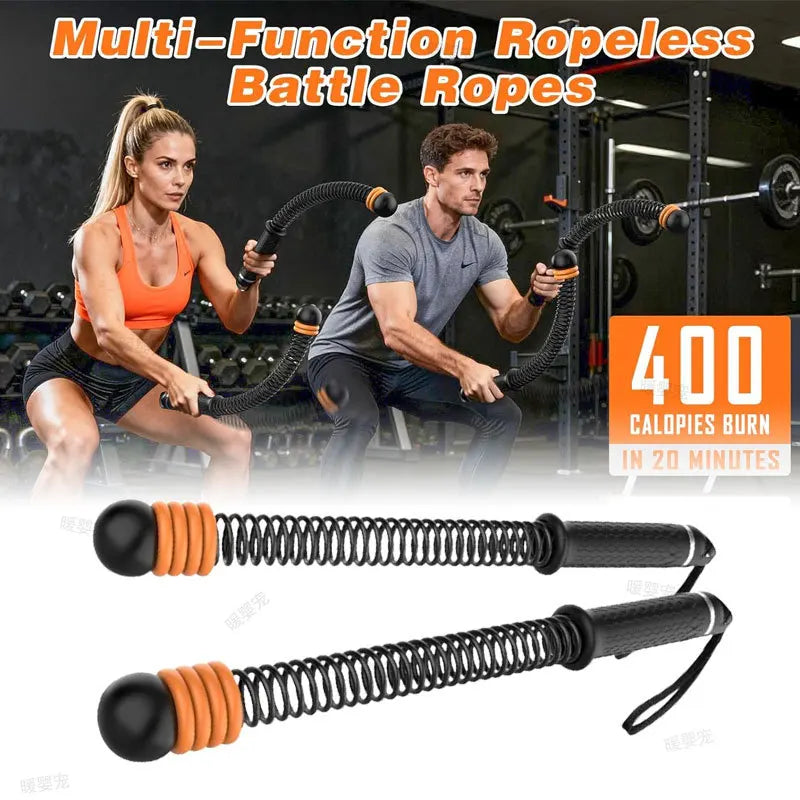 A woman and a man are using multi-function ropeless battle ropes for a workout in a gym setting.