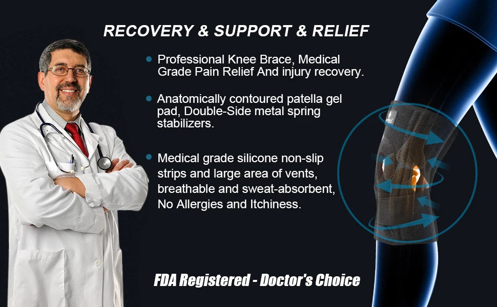 A doctor demonstrates an advanced knee brace designed for pain relief and injury recovery.