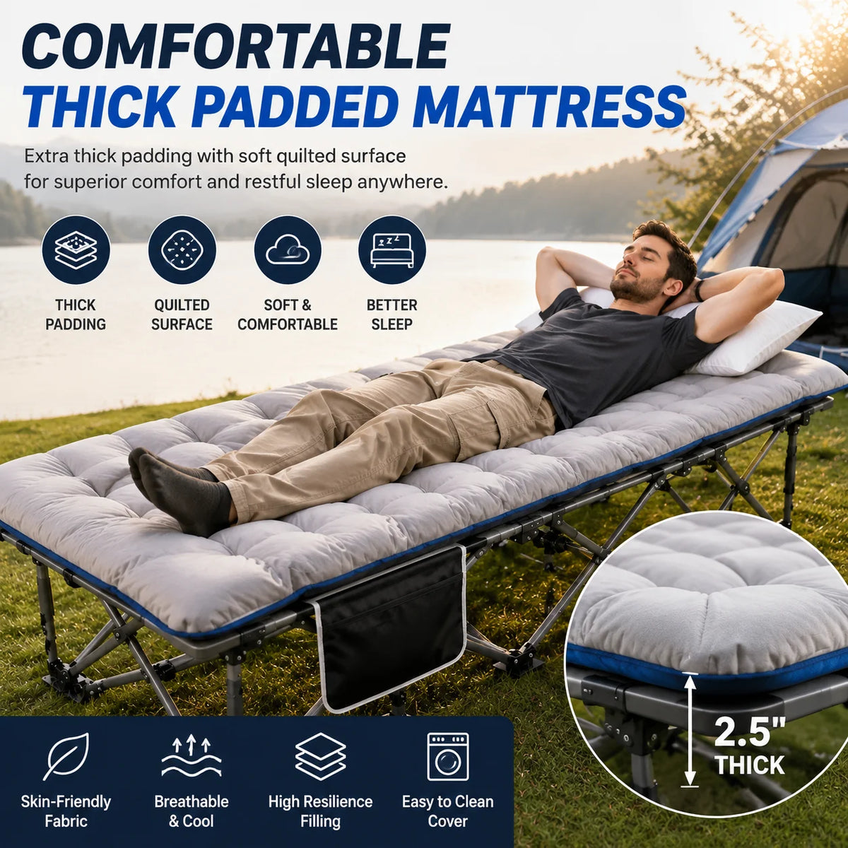 A man relaxing on a portable padded mattress cot outdoors with a tent in the background.