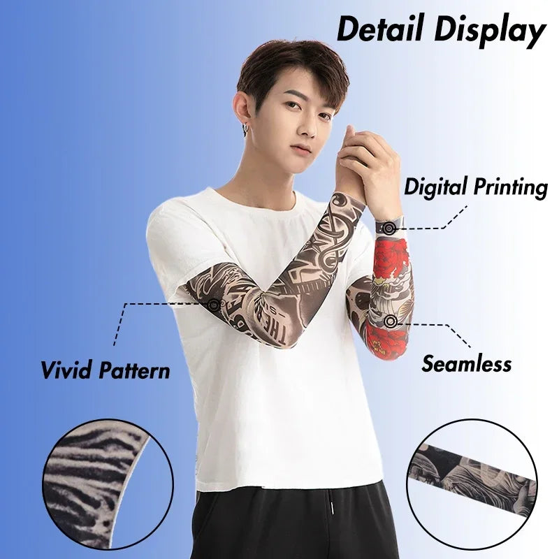 A young man models white arm sleeves featuring a vivid patterned design on his arm.