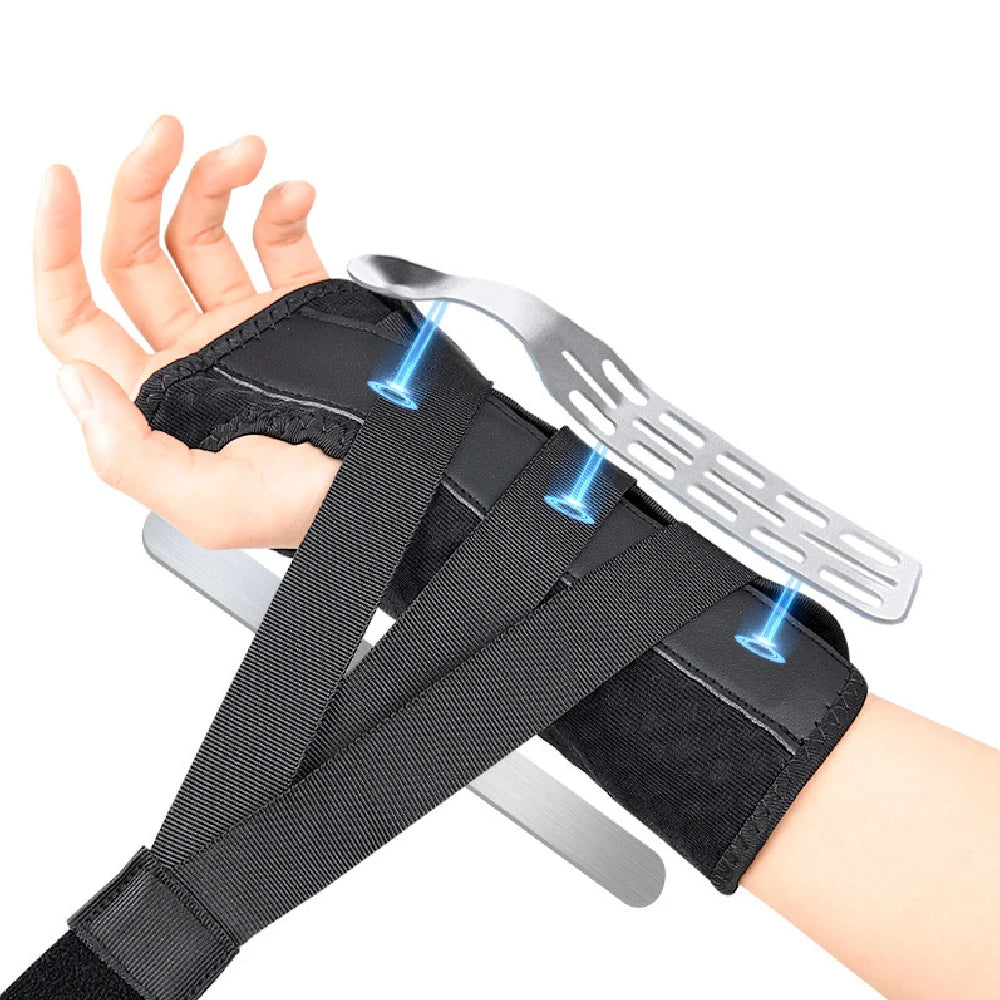 A hand wearing a black wrist brace with dual metal splints, showing the adjustable carpal tunnel wrist brace.