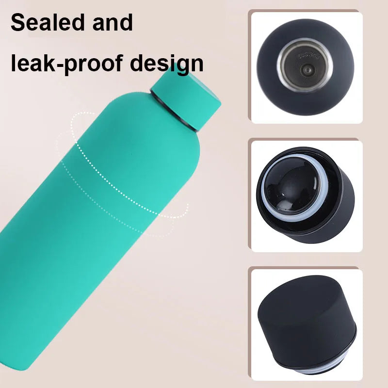 A teal insulated stainless steel thermos cup with a black lid, showing its sealed and leak-proof design.