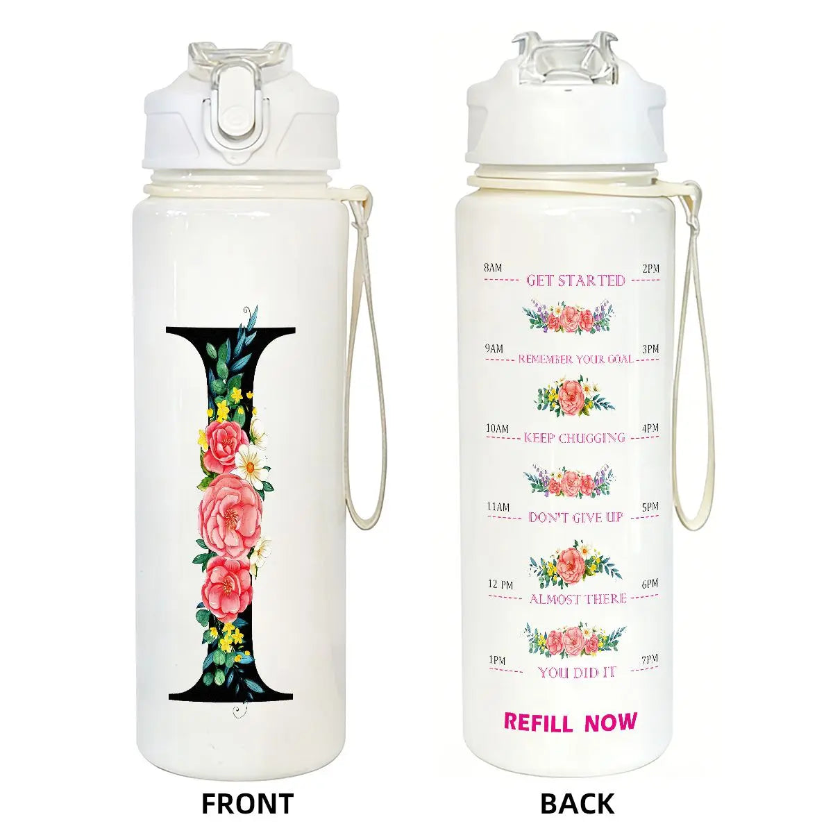 Front and back views of a white insulated straw tumbler with motivational text