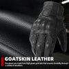 A close-up view of black goatskin leather riding gloves showing the texture and detail of the palm and fingers.