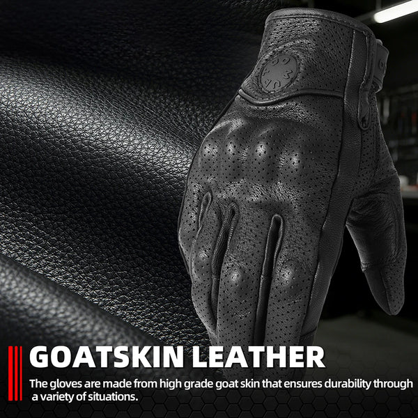 A close-up view of black goatskin leather riding gloves showing the texture and detail of the palm and fingers.