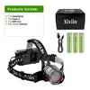 Black headlamp with zoomable beam and accessories including a Type-C cable and battery