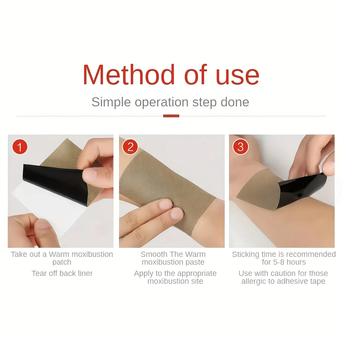 Instructions showing how to use a warm moxibustion patch for pain relief, including removing the back liner and applying the 