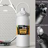 A white insulated stainless steel water bottle with a silver straw drinking mechanism shown alongside a tennis racket.