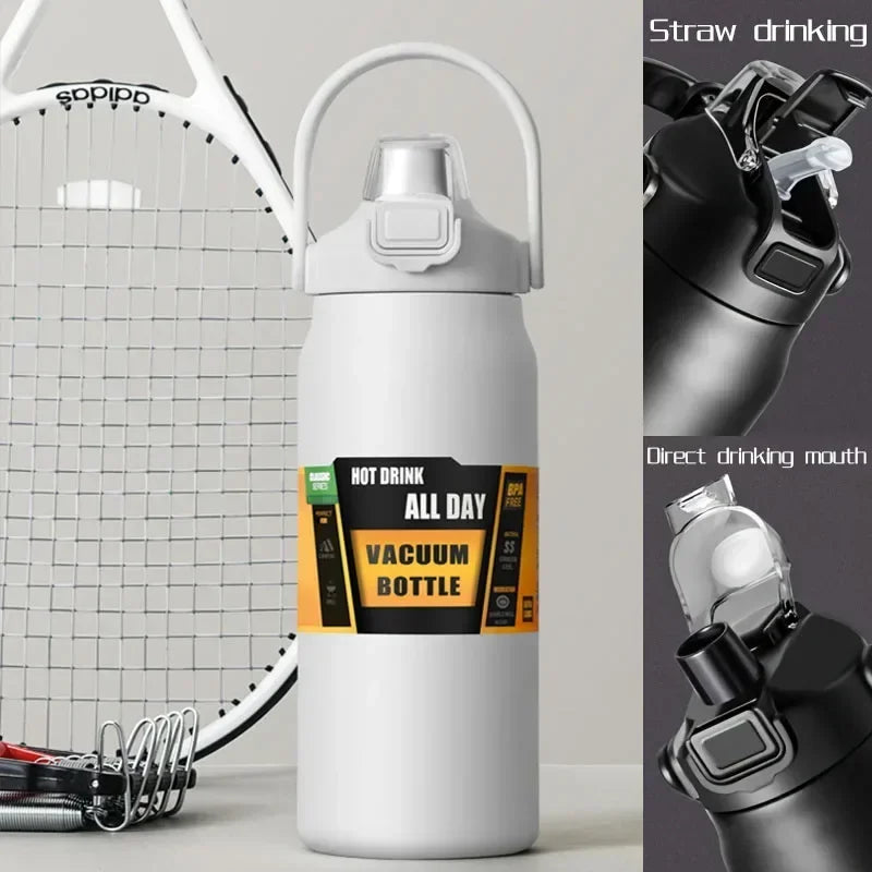 A white insulated stainless steel water bottle with a silver straw drinking mechanism shown alongside a tennis racket.