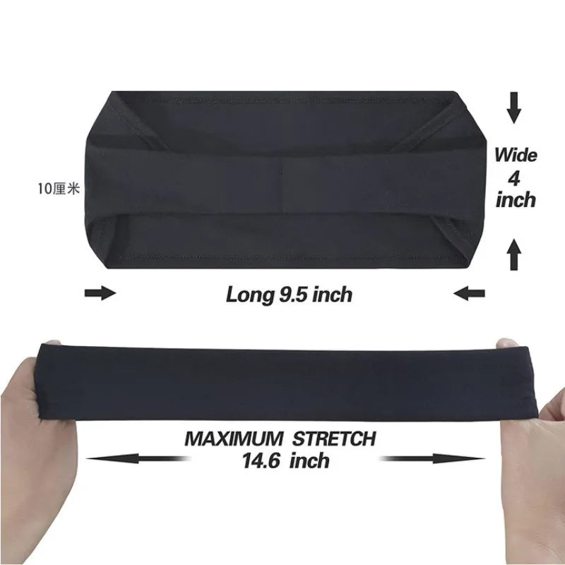Black stretch sports headband shown flat and stretched to demonstrate its dimensions.
