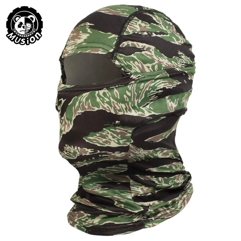 A camouflage patterned breathable mesh balaclava face mask worn on a person's head.