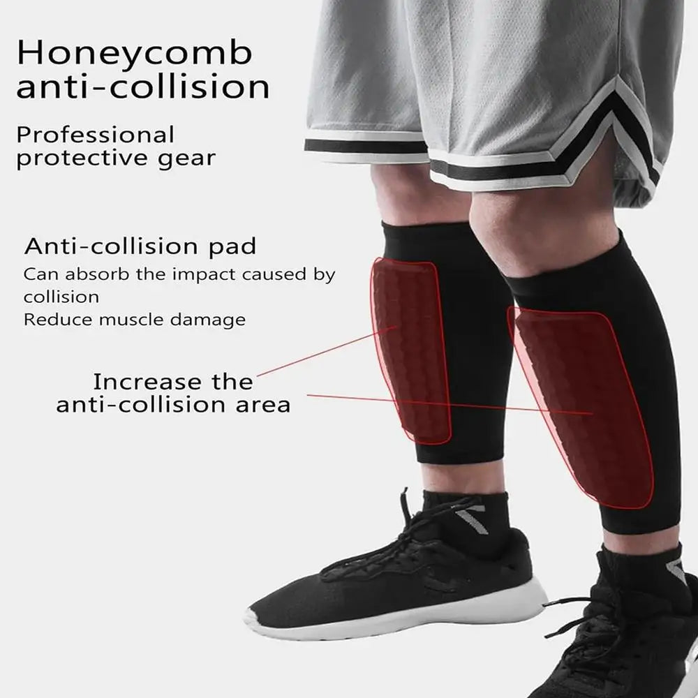 A person wearing black athletic shorts and shoes is shown with red anti-collision pads on their legs.