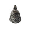 Silver bell pendant shaped like a motorcycle guardian with wings and text engraved on it.