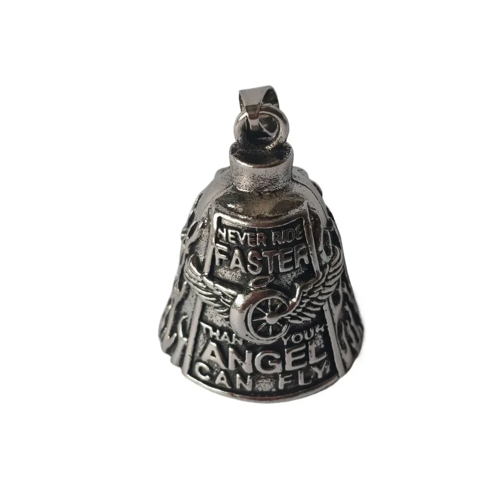 Silver bell pendant shaped like a motorcycle guardian with wings and text engraved on it.