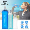 A woman holds a blue silicone water flask, showing its foldable and lightweight features.