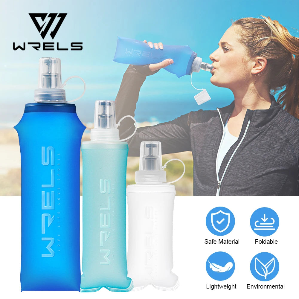 A woman holds a blue silicone water flask, showing its foldable and lightweight features.