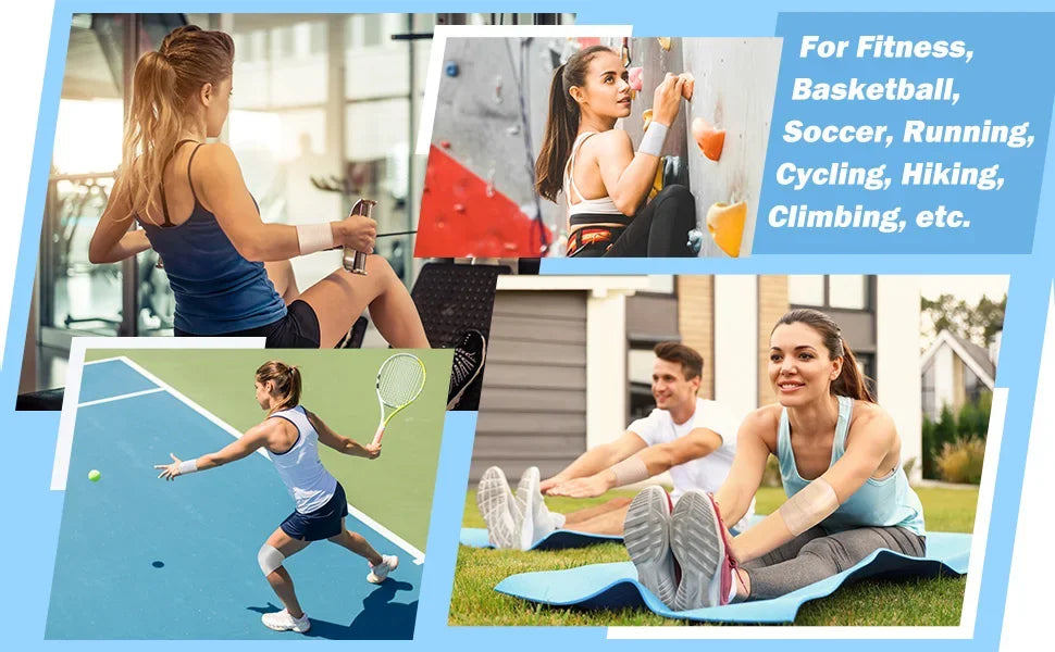 A woman is performing a physical exercise outdoors while wearing athletic tape on her joints.