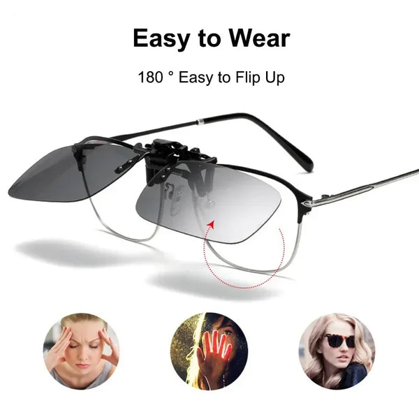 A pair of clear polarized driving sunglasses shown in various angles and a close-up of the lens.