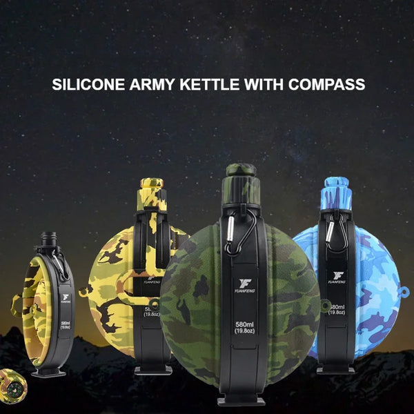 A silicone army kettle with a compass displayed against a dark background, showing various colors.