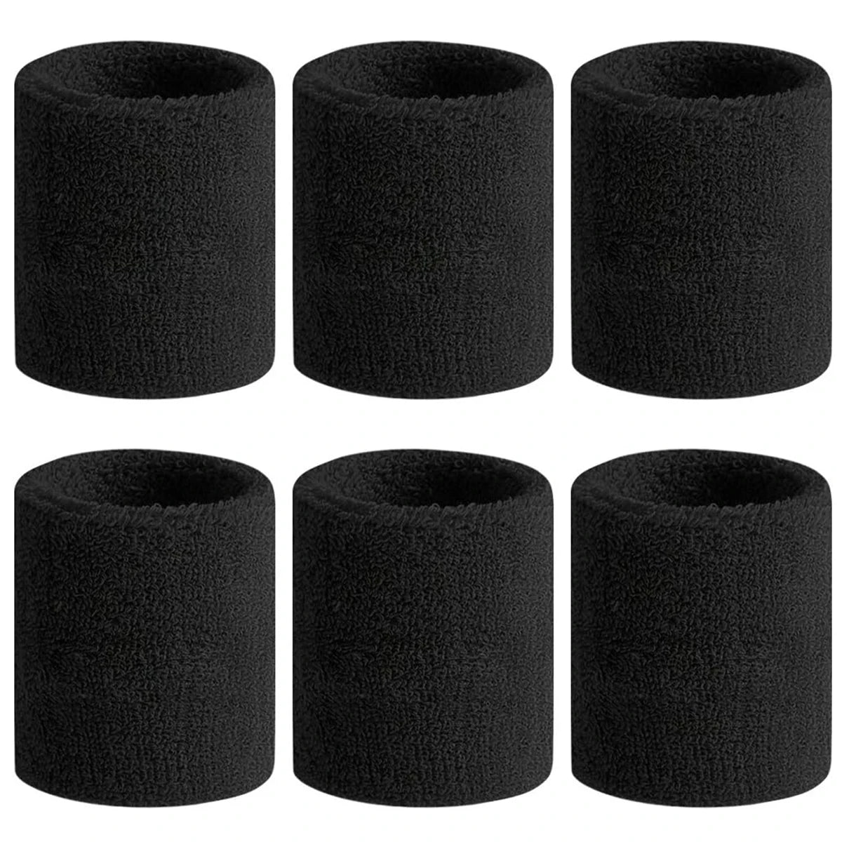 Six black sweat-absorbing sports wrist guards displayed in a pack.